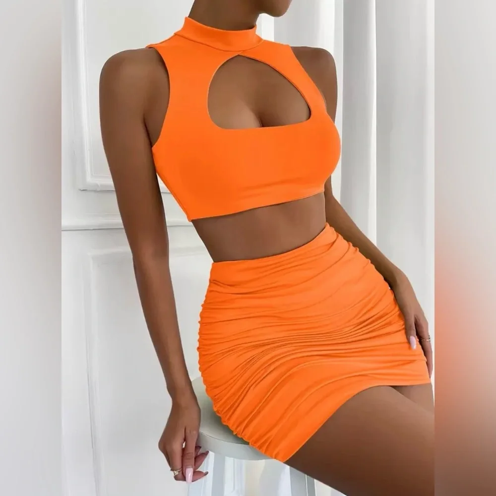 Cutout Crop Top and Ruched Mini Skirt Set - Vibrant Orange - Picture 4 of 5